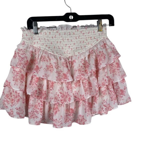 Thirty Thirty LA Skirt Mini Smocked Ruffles Pink Sz S Floral Dainty Coquette - Picture 2 of 8